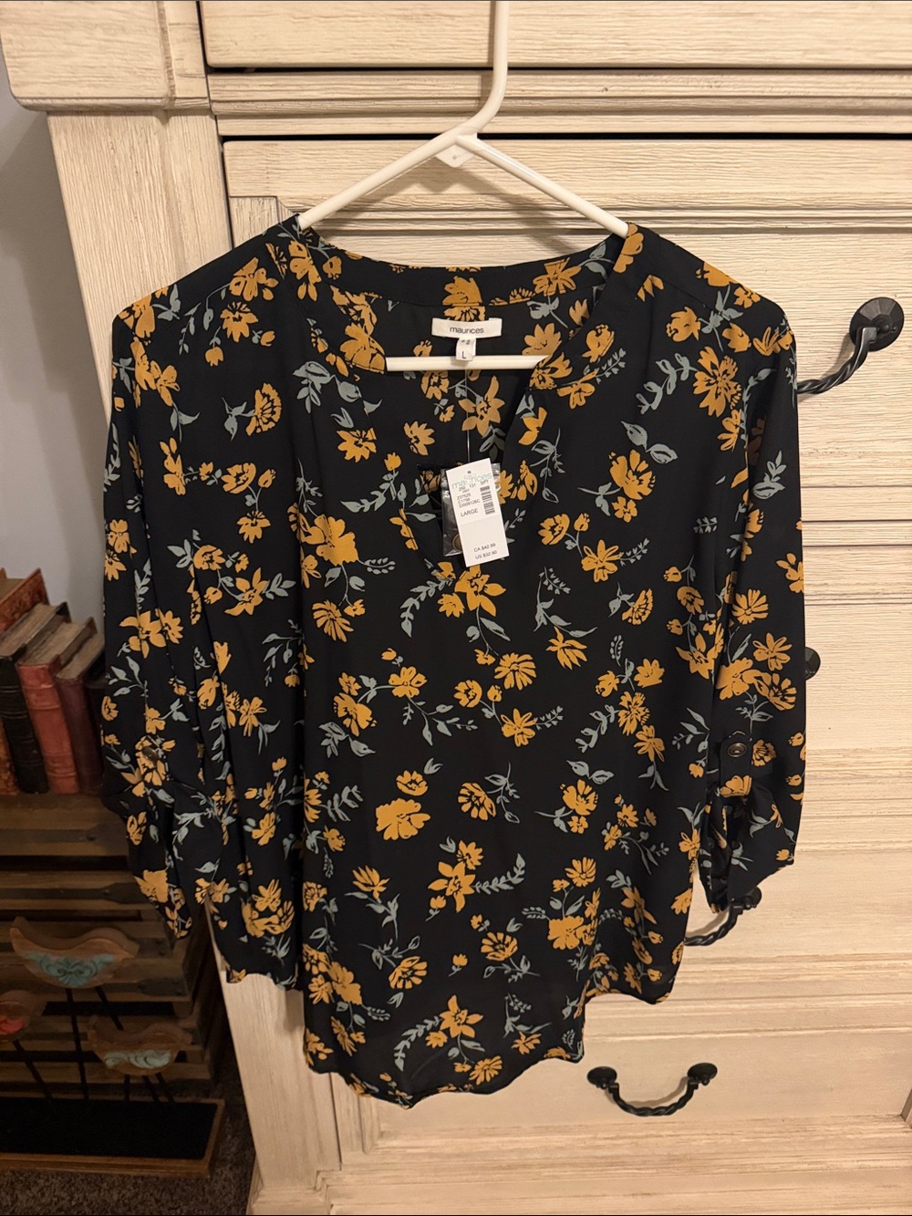 Maurices Black Floral Split-Neck Blouse with Mustard Print